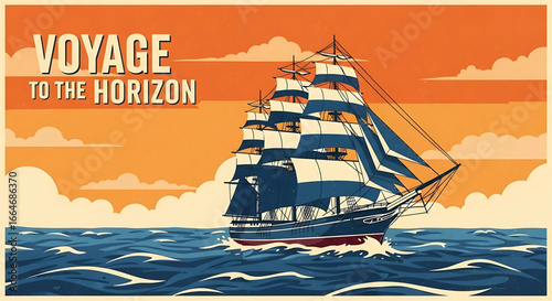 Majestic Sailing Vessel Navigating Through Azure Waters Towards a Horizon Bathed in the Warmth of a Vibrant Sunset with Grace and Determination