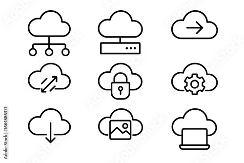 Cloud computing outline icon set. Linear symbols for network, database, server, and storage. Icons for data security, upload, download, and technology management. Vector.