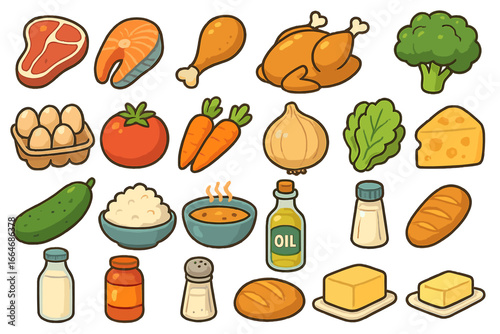 Food icon set. Vector cartoon illustration of grocery items. Collection of ingredients for cooking & meal prep. Healthy nutrition concepts with meat, fish, & vegetables.