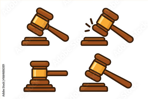 Judge gavel and sound block vector icon set. Cartoon illustration collection of law and justice symbols. Courtroom hammer for auction, verdict or judgment. Legal concept.
