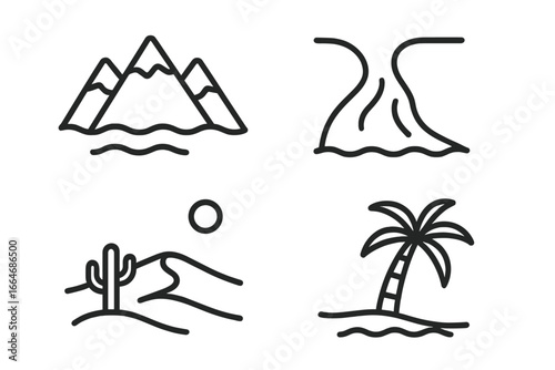 Geographic icon set. Outline symbols of various landscapes. Mountain range, river delta, desert with cactus, and tropical beach with palm tree. Minimal vector line art.