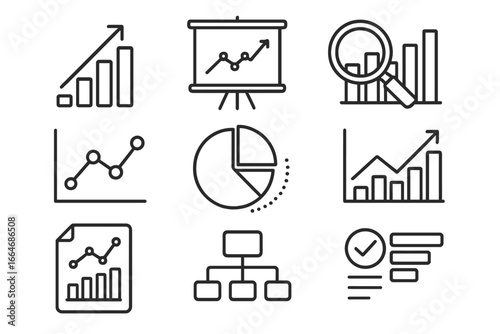 Data analytics and business intelligence line icon set. Vector symbols for reports, charts, and data visualization. Infographic elements for marketing and finance analysis.