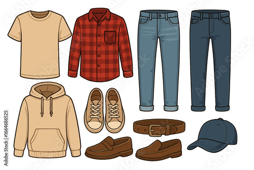Men's fashion clothing set. Casual wardrobe collection for men. Outfit essentials concept. Shirt, jeans, hoodie, shoes, belt, cap. Vector cartoon illustration for style and apparel.
