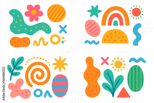 Set of colorful abstract doodle shapes. Collection of hand drawn elements. Modern trendy vector illustration. Geometric and organic forms, blob, scribble, boho design elements.