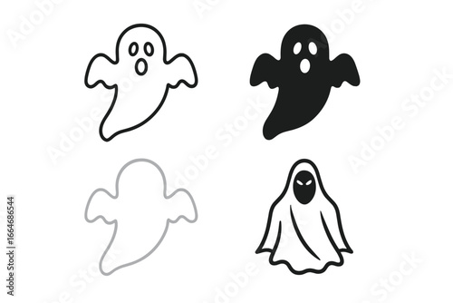 Set of ghost icons. Spooky Halloween vector symbols. Supernatural phantom, specter, and poltergeist characters. Linear, outline, and silhouette styles for paranormal design.