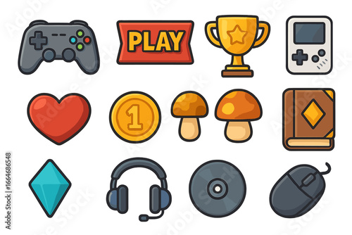 Gaming icons set. Video game elements collection with gamepad, trophy, coin, life heart, and headset. Gamer collectibles, rewards, and GUI for esports. Cartoon vector.