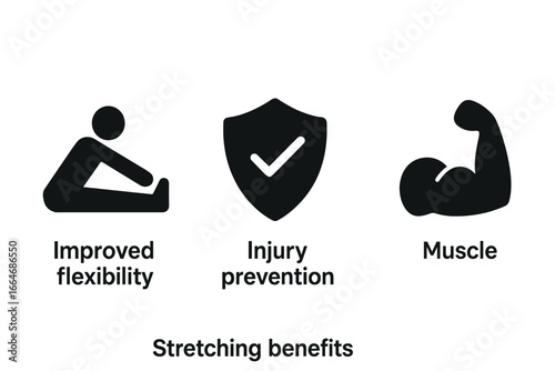 Stretching benefits solid icon set. Vector infographic elements for improved flexibility, injury prevention, muscle strength. Health, fitness, workout, sport, wellness concept.