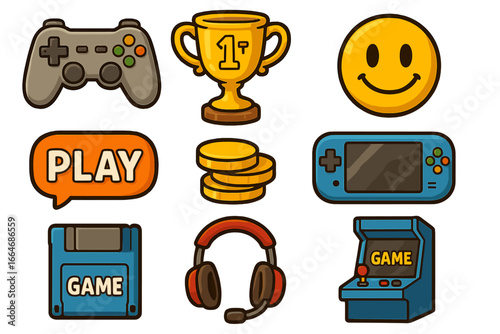 Gaming icon set with retro video game elements. Includes arcade machine, joystick, console gamepad, first place trophy, gold coins, and a headset. Vector cartoon illustration.
