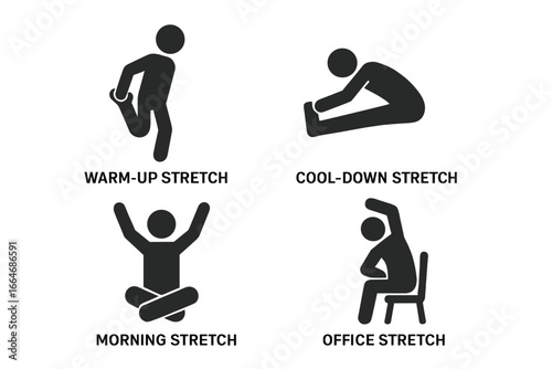 Stretching exercises icon set. Stick figure pictograms showing workout poses for warm-up, cool-down, morning routine, and office yoga. Concept of body flexibility, fitness.