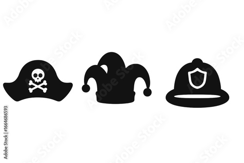 Hat silhouette icon set with pirate, jester, and firefighter. Vector graphics of professions and carnival costumes. Includes corsair cap with skull, clown hat, and fireman helmet.