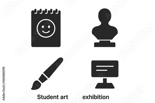 Student art exhibition icon set. Solid glyph icons of a drawing pad, sculpture bust, paintbrush, and name card. Creative school project, art class, and hobby concept vector.