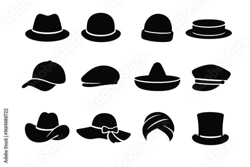 A diverse vector silhouette icon set of hats and headwear. Includes classic and modern styles like fedora, cap, sombrero, cowboy hat, and top hat for fashion or design concepts.