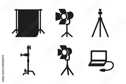 Photo studio equipment icon set. Solid glyph vector collection for photography, video production. Professional photoshoot setup with backdrop, spotlight, tripod, C-stand, tether.