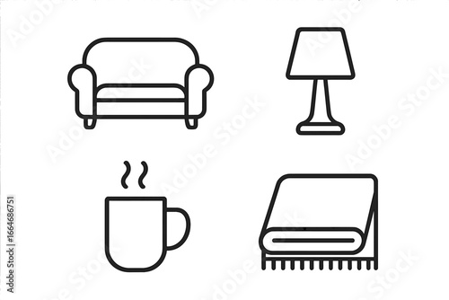 Cozy home comfort icons set. Hygge lifestyle concept with furniture and household essentials. Linear vector illustration of sofa, lamp, hot drink and warm plaid blanket.