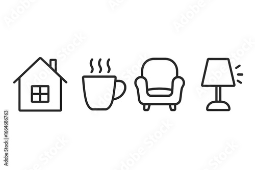 Home and comfort linear icons set. Cozy house essentials for hygge lifestyle. Outline pictogram collection. Simple interior decor symbols, armchair, lamp, coffee cup vector.