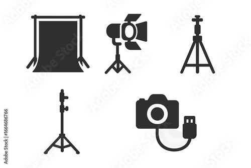 Photo studio equipment solid glyph icon set. Photography gear vector illustration. Backdrop, spotlight, tripod, C-stand, tethered camera. Photoshoot, filmmaking concept.