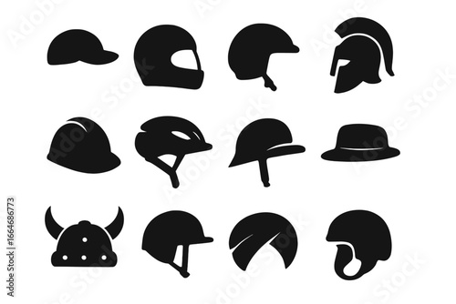 Headwear and helmet silhouette icon set. Diverse vector collection for sports, work, and history. Includes motorcycle, bicycle, construction, spartan, and viking helmets.