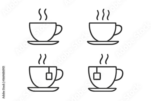 Hot beverage outline icon set. Steaming coffee and tea cup symbols. Vector line art for cafe menu, drink pictogram, morning espresso, and herbal infusion concept.