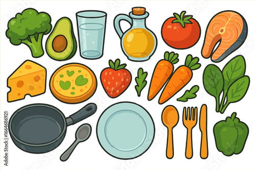 Healthy food collection with fresh ingredients for cooking. Vector cartoon set with fish, vegetables, and kitchen utensils. Nutrition, diet, and meal prep concept illustration.