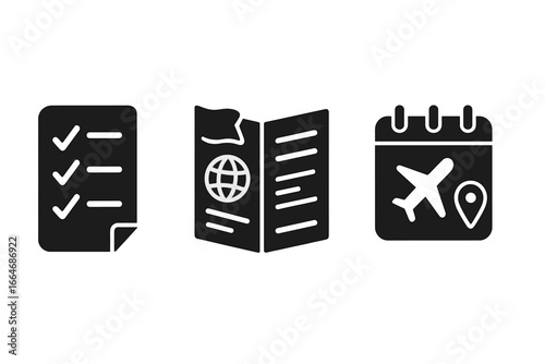Study abroad solid icons set. International education, student exchange program. Preparation checklist, passport, flight date. Travel planning, university admission, booking.
