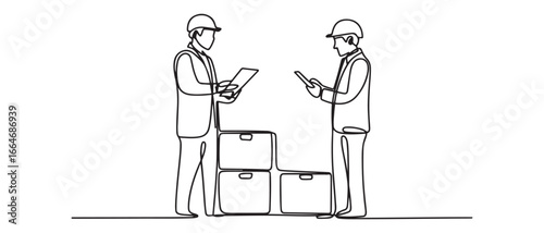 Continuous one line drawing two engineers checking and controlling the loading containers box. Vector black silhouette. with white background