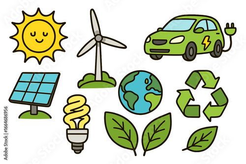 Eco friendly symbols collection. Renewable energy icons set. Green power, electric car, solar panel, wind turbine. Sustainability and ecology concept. Vector cartoon illustration.