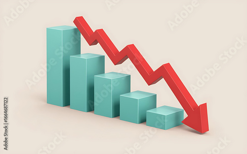 image depicts a 3D bar chart with turquoise bars, a red zigzag line, and a downward trend, contrasting with a soft beige background.