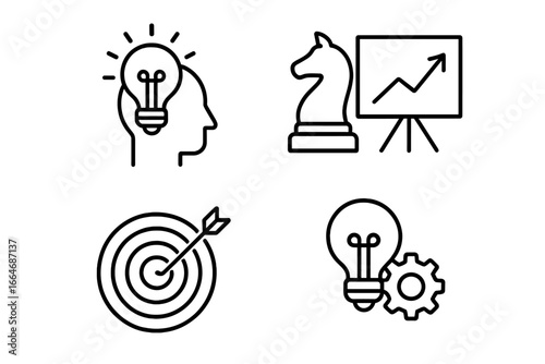 Business strategy and innovation linear icon set. Concepts for success, idea generation, targeting goals, and solutions. Thin line vector icons for growth, planning, and development.