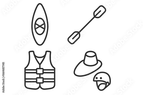 Kayaking adventure icon set. Water sport and recreation equipment collection. Outline icons of kayak, paddle, life jacket, helmet. Vector illustration for outdoor activity.
