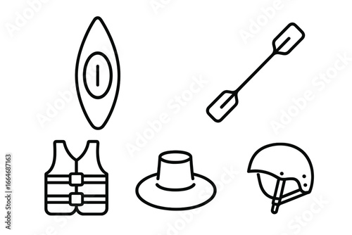 Kayaking adventure essentials outline icon set. Water sport equipment for safety and recreation. Vector graphic of kayak, paddle, life jacket, helmet, sun hat. Outdoor gear.
