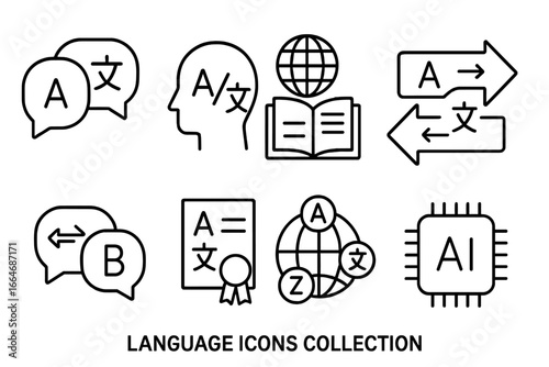 Language icon set for translation and communication. Vector outline symbols of bilingualism, multilingualism, AI machine translation, interpreter, dictionary and language learning.