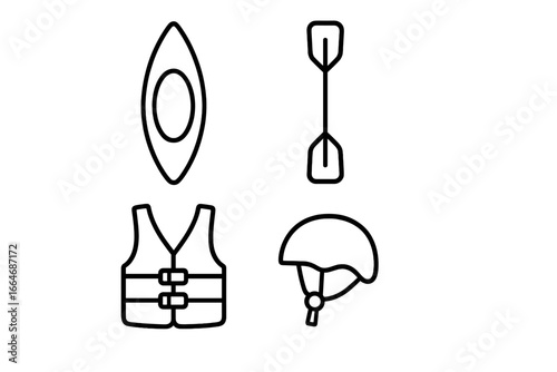 Kayaking adventure equipment outline icon set. Linear icons of kayak, paddle, life vest, and helmet. Water sport and outdoor recreation safety gear. Vector illustration.