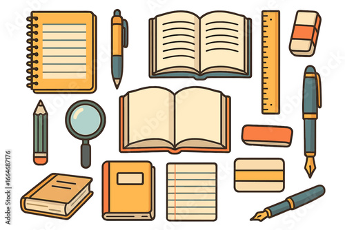 Back to school supplies icon set. Collection of reading and writing tools for education. Vector cartoon illustration of book, notebook, pen, pencil, ruler, and eraser.