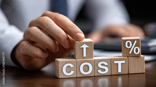In professional setting, hand adjusts wooden blocks displaying word COST and percentage symbol, symbolizing financial analysis and budgeting