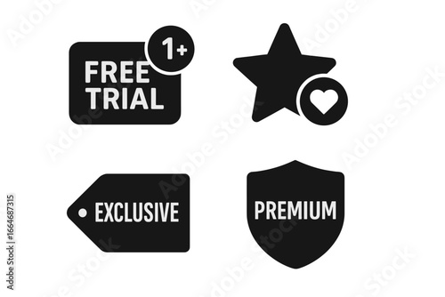 Subscription benefits icon set. Vector glyph icons for free trial, premium membership, exclusive offer, and loyalty program. UI UX elements for web and mobile apps.