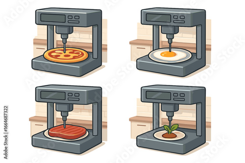 3D food printer set. Innovative kitchen technology. Future of cooking, nutrition. Machine printing pizza, egg, meat, plant. Food synthesis. Vector cartoon illustration.