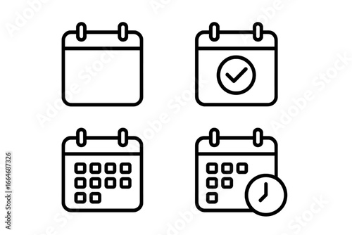 Calendar scheduling outline icon set. Planner, event, and date management symbols. Appointment reminder, agenda, and deadline concepts for UI/UX design and business apps.