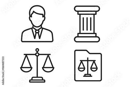 Law and justice vector icon set. Outline symbols of a lawyer, attorney, courthouse column, legal scales, and case file. Pictogram illustration for court and legal services.