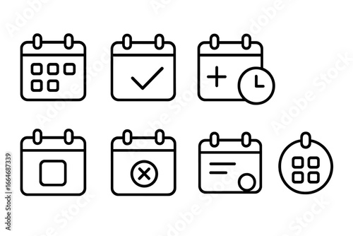 Calendar scheduling outline icon set. Planner, event, and date management icons collection. Linear symbols for appointment, agenda, reminder, deadline. Vector for web app UI UX.