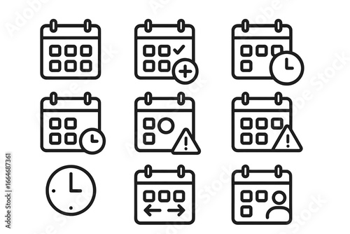 Calendar scheduling outline icon set. Planner, event, and date management icons collection. Vector line art for business agenda, appointment reminder, and time organization.