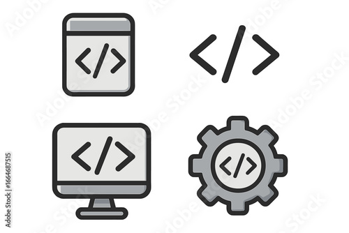 Code icon set for web development. Programming, HTML, and script symbols. Developer signs on monitor, tablet, and gear for API settings. Vector cartoon illustration.