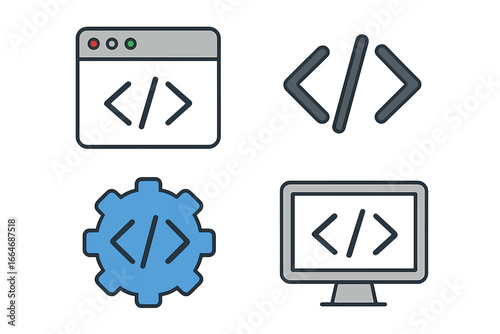 Programming code icon set. Web development signs for website and mobile app. HTML, CSS, script symbols. Software engineering, API integration and browser vector icons.
