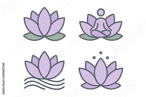 Lotus flower icon set for spa and yoga. Vector symbols of meditation, wellness, and harmony. Person in lotus pose. Water lily logo collection for relaxation and beauty.