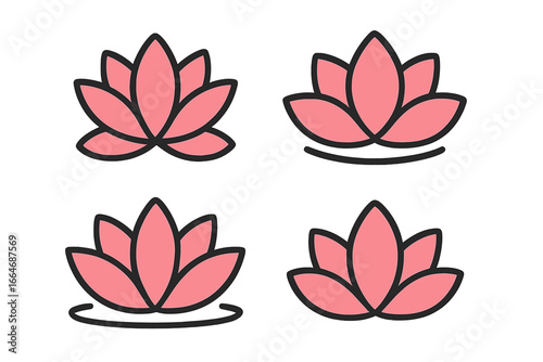 Set of four pink lotus flower vector icons. Simple clean symbols for spa, yoga, meditation, and wellness concepts. Beauty and harmony logo template collection illustration.