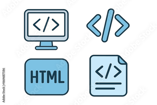 Code icon set for programming and web development. HTML coding signs for website design. Computer screen, document file, and tag symbols. Vector cartoon illustration.
