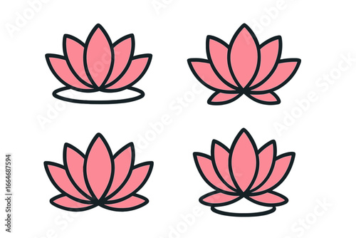 Lotus flower icon set for spa and yoga. Pink water lily symbols for beauty, wellness, and meditation concepts. Simple floral vector illustration for logo design or zen decor.