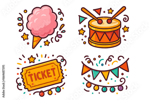 Carnival funfair icon set. Cute cartoon vector collection with cotton candy, drum, ticket, and festival garland. Amusement park party elements. Flat doodle illustration.
