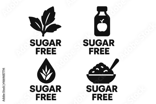 Sugar free icon set. Solid glyph collection for healthy food packaging. No sugar added product label. Natural sweeteners, stevia, agave, diet food vector symbols.