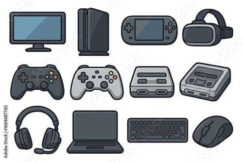 Set of gaming and tech icons. Video game entertainment concept. Gamer equipment, modern console, retro gamepad, joystick, VR headset, laptop, keyboard, and mouse.