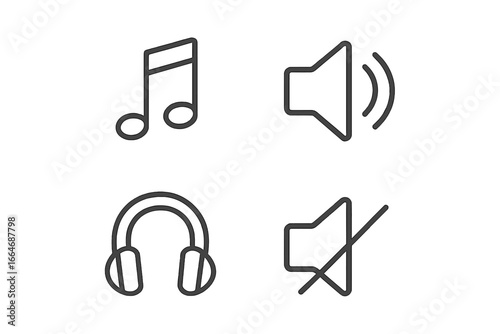 Music audio outline icons set. Sound and volume symbols. Melody note and headphone icon. Mute button. Listen concept. Linear simple vector illustration for web and app design.